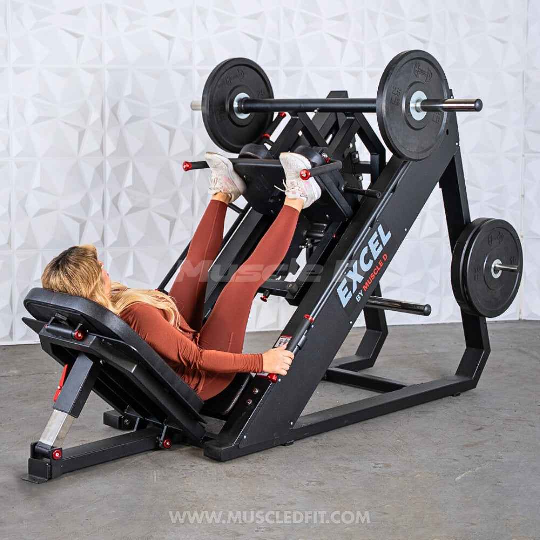 Excel Linear Hack/Leg Press - Muscle D Fitness - Plate Load Hack Squat Combo - Weight Storage Pegs - Adjustable Foot Plate / Back Pad