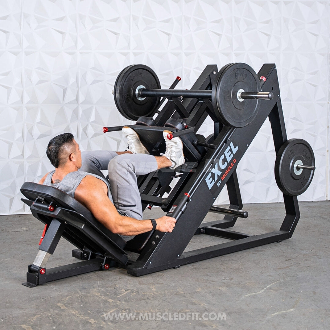 Excel Linear Hack/Leg Press - Muscle D Fitness - Plate Load Hack Squat Combo - Weight Storage Pegs - Adjustable Foot Plate / Back Pad