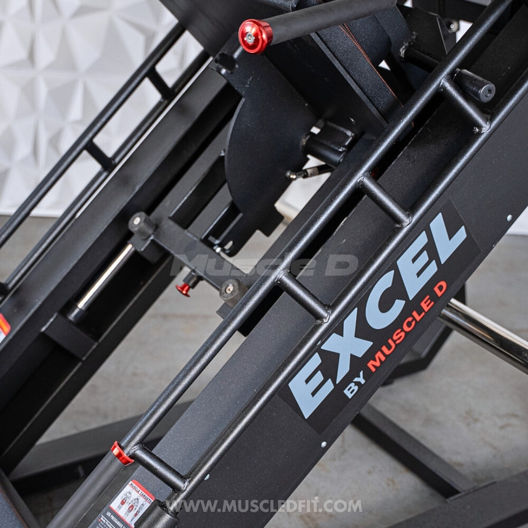 Excel Linear Hack/Leg Press - Muscle D Fitness - Plate Load Hack Squat Combo - Weight Storage Pegs - Adjustable Foot Plate / Back Pad