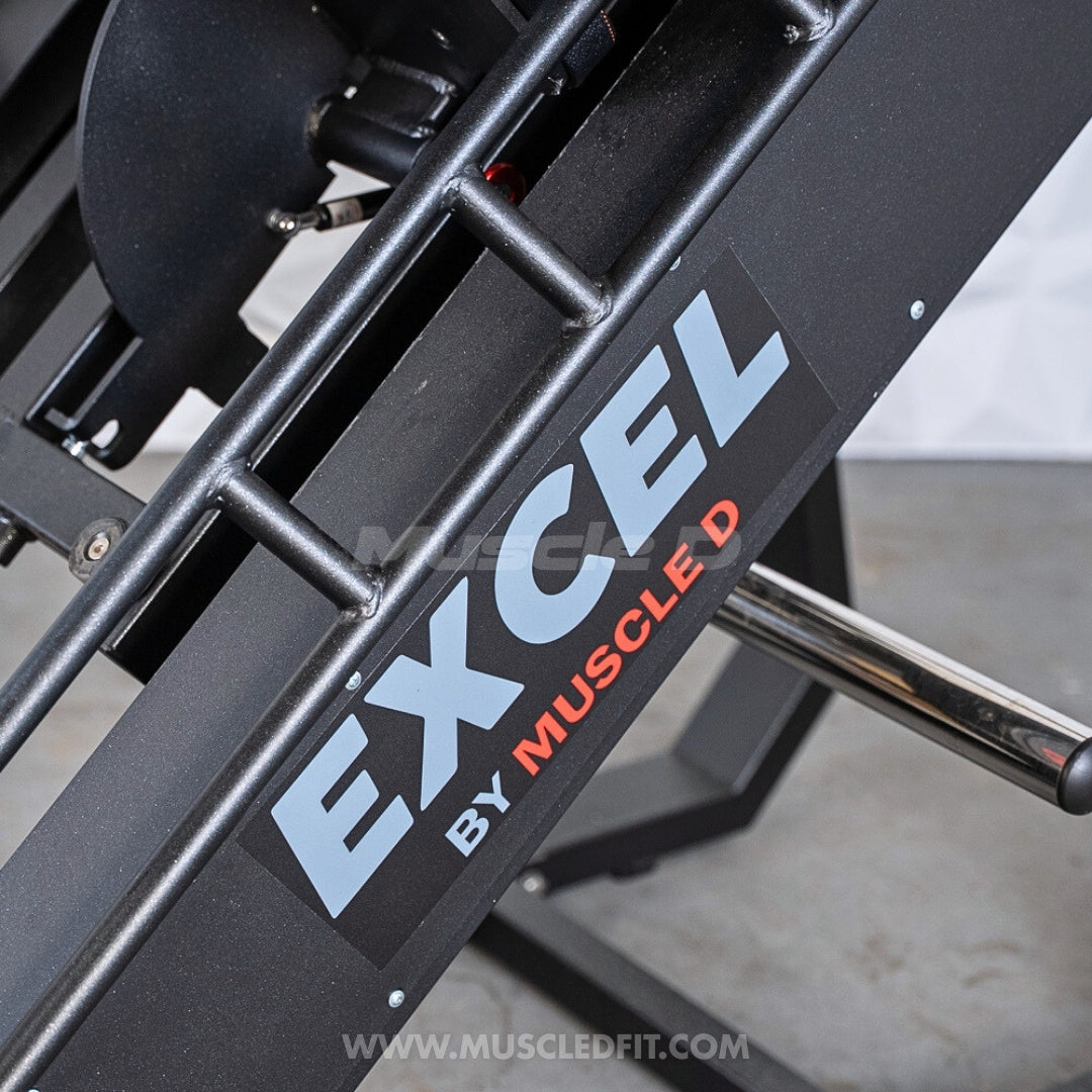 Excel Linear Hack/Leg Press - Muscle D Fitness - Plate Load Hack Squat Combo - Weight Storage Pegs - Adjustable Foot Plate / Back Pad