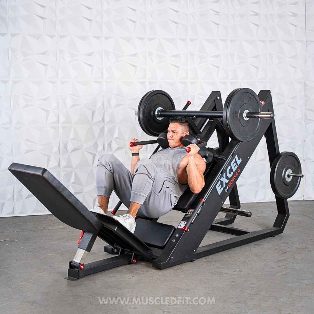 Excel Linear Hack/Leg Press - Muscle D Fitness - Plate Load Hack Squat Combo - Weight Storage Pegs - Adjustable Foot Plate / Back Pad