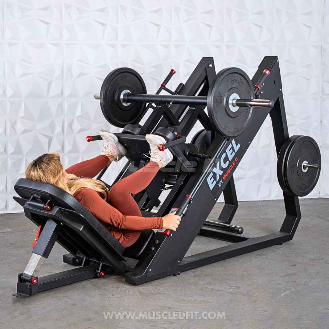Excel Linear Hack/Leg Press - Muscle D Fitness - Plate Load Hack Squat Combo - Weight Storage Pegs - Adjustable Foot Plate / Back Pad