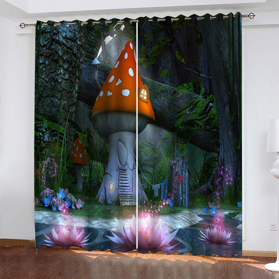 Mushroom House Curtains Pattern Blackout Window Drapes