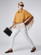 Mustard Suede-Finish Cape with Fringes and Eyelet Details • BYMANYC ® New York