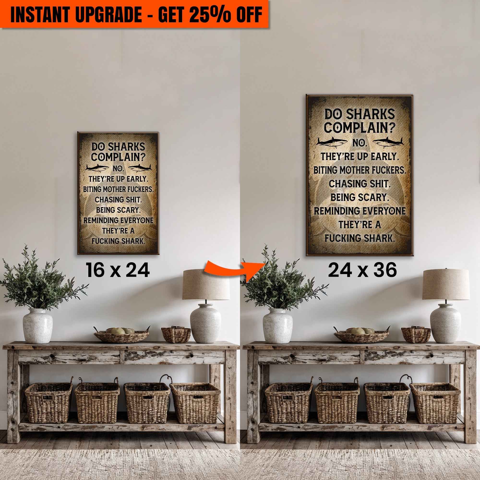 Upgrade Your 24x16 Inches 'Do Sharks Complain' Canvas To 36x24 Inches