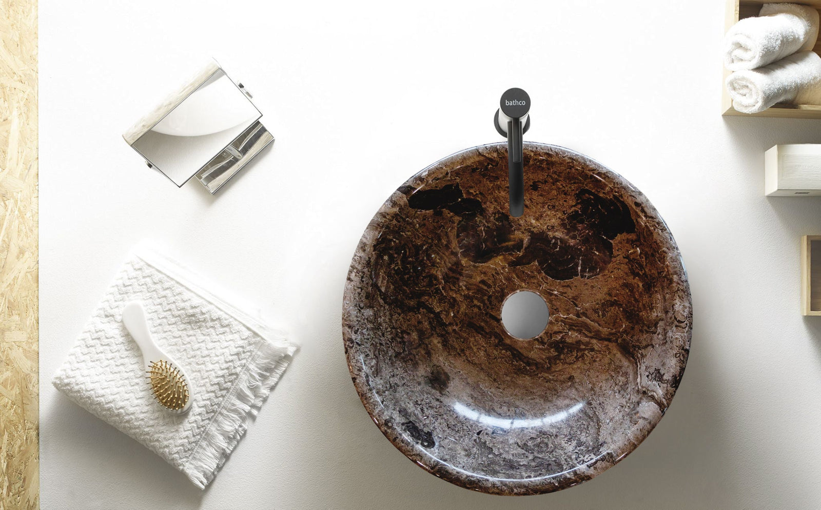 Narcist Brown Natural Stone Marble Vessel Sink High-Gloss Polished (D)16