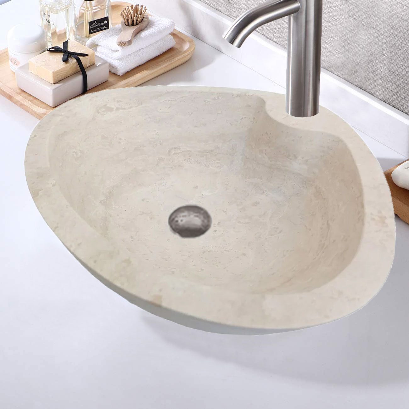 Natural Stone Light Travertine Special Shape Vessel Sink Honed and Filled (W)23,6