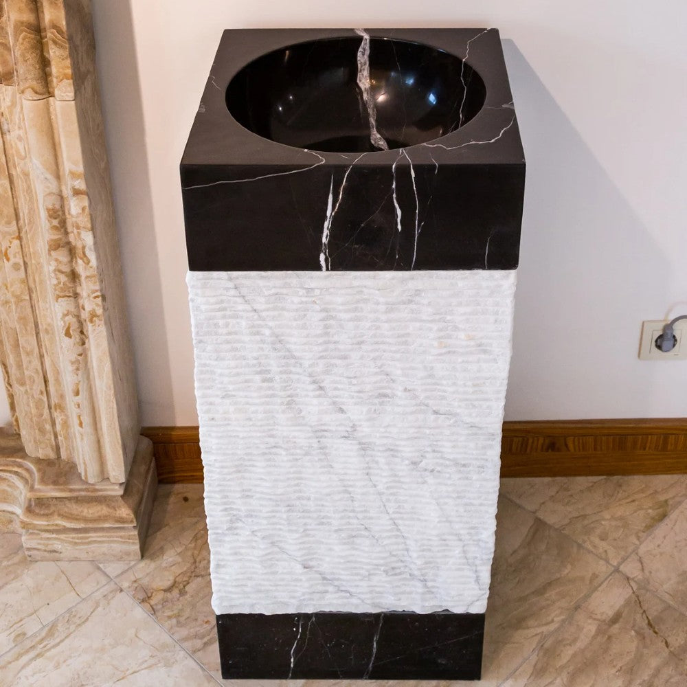 Natural Stone Marble Pedestal Sink Toros Black/Carrara White  (W)16