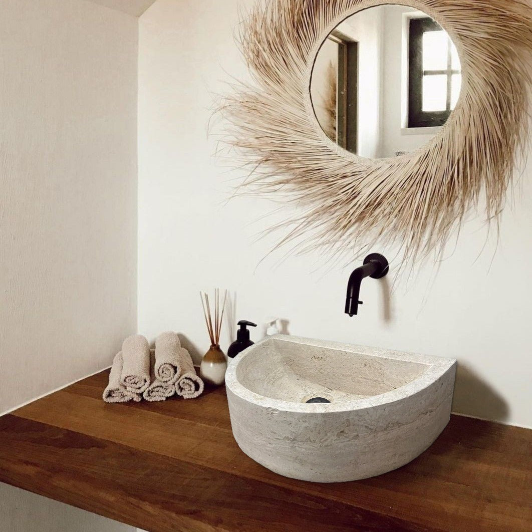 Natural Stone Deep Half Light Travertine Special Design Vessel Sink Honed and Filled (W)10