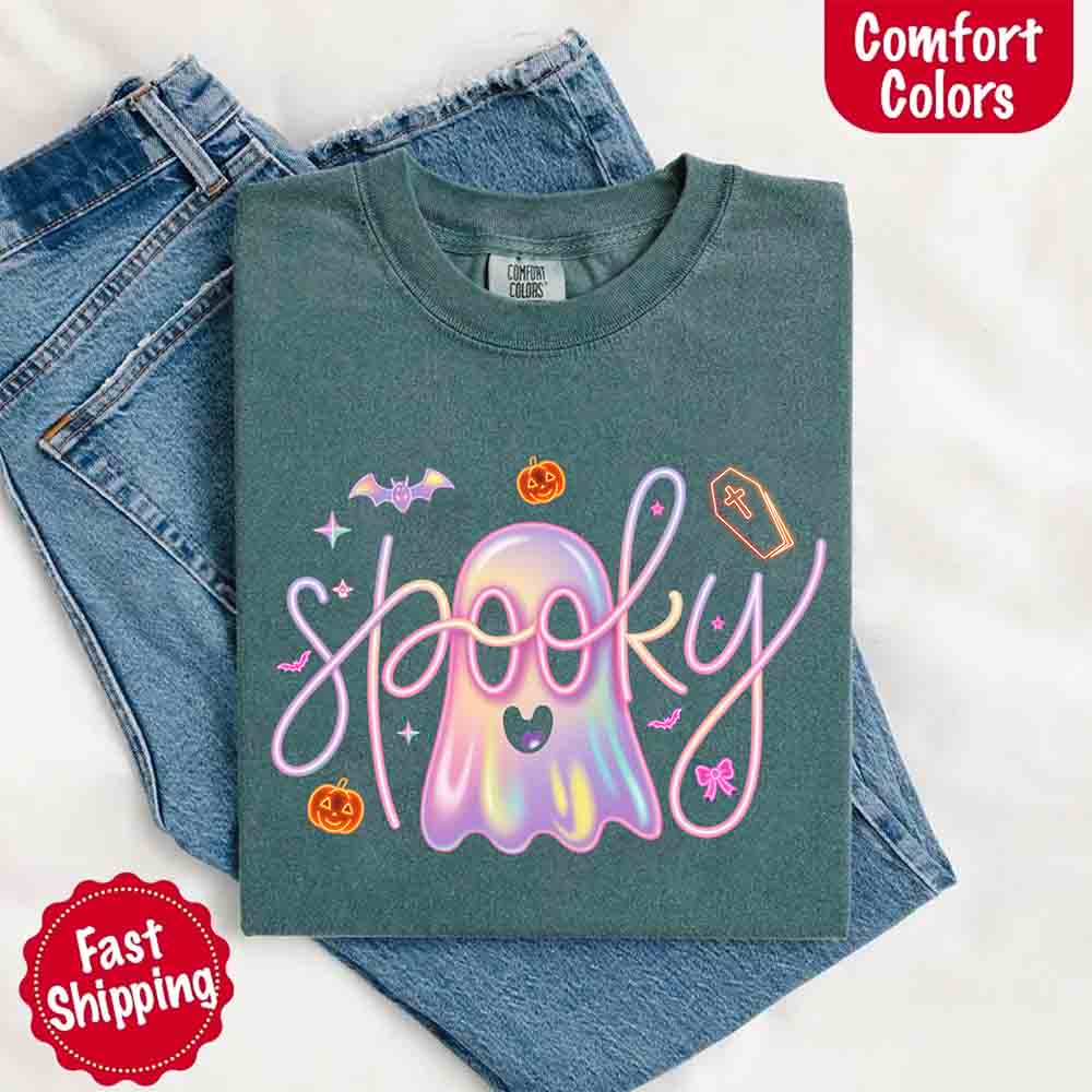 Neon Spooky Ghost Comfort Colors T-Shirt – Trendy Halloween Graphic Tee
