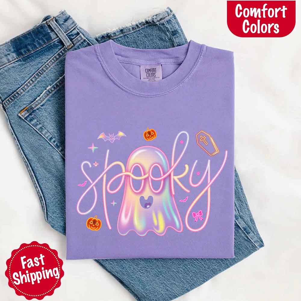 Neon Spooky Ghost Comfort Colors T-Shirt – Trendy Halloween Graphic Tee