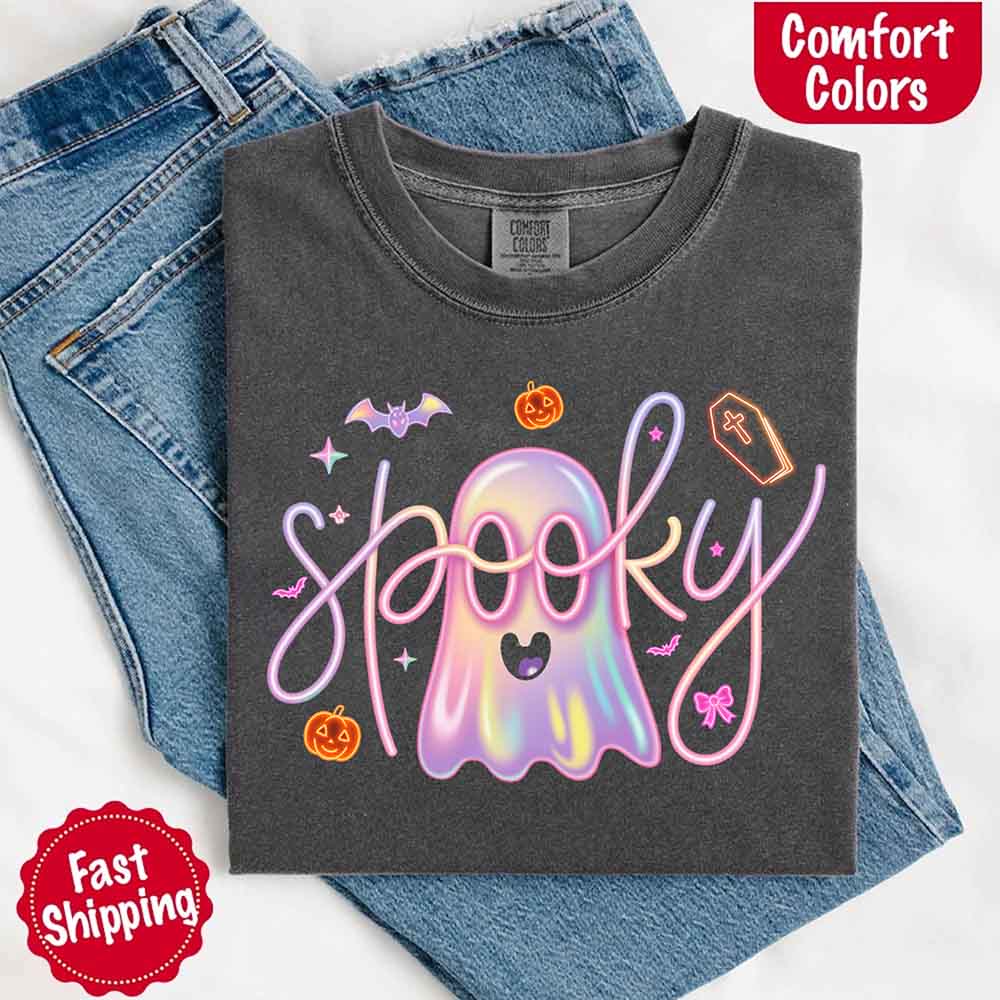 Neon Spooky Ghost Comfort Colors T-Shirt – Trendy Halloween Graphic Tee