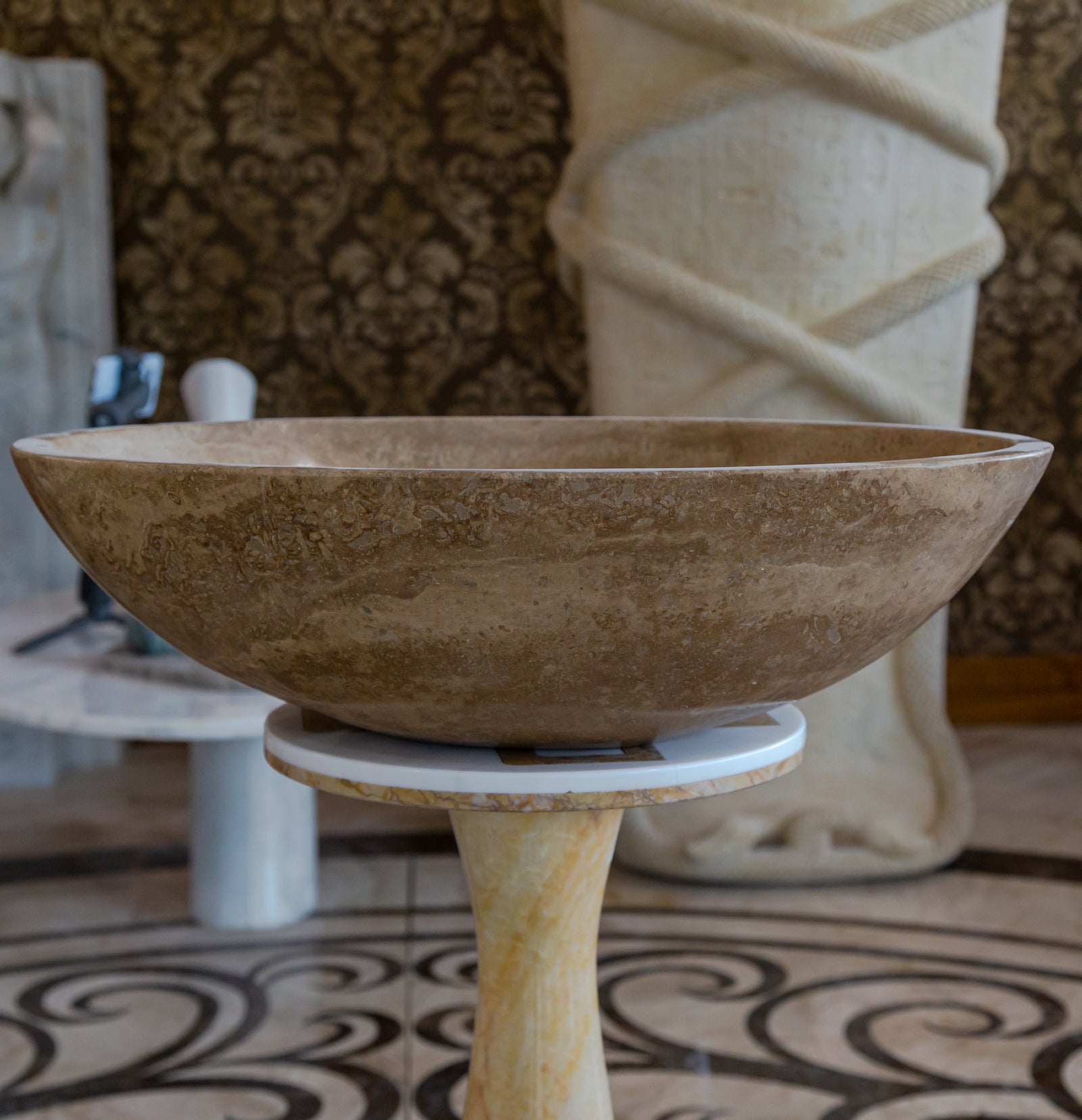 Noce Brown Travertine Natural Stone Oval Vessel Sink (W)16