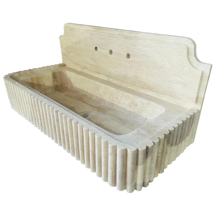 Oasis Beige Travertine Wall-mount Bathroom Vanity Sink Fluted (W)16