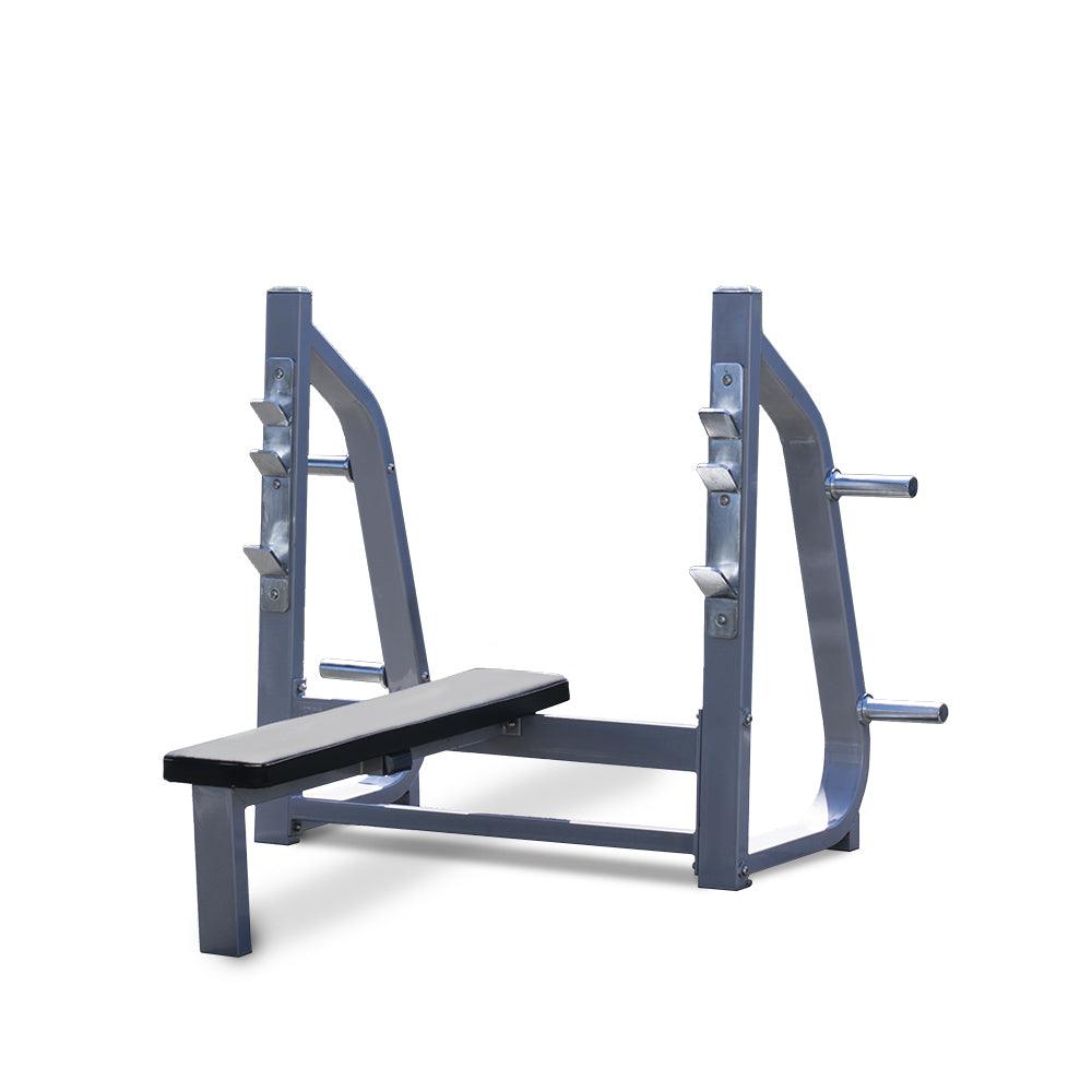 Olympic Flat Bench - Muscle D Fitness - 11 Gauge Steel - Commercial Upholstery - Weight Storage Pegs