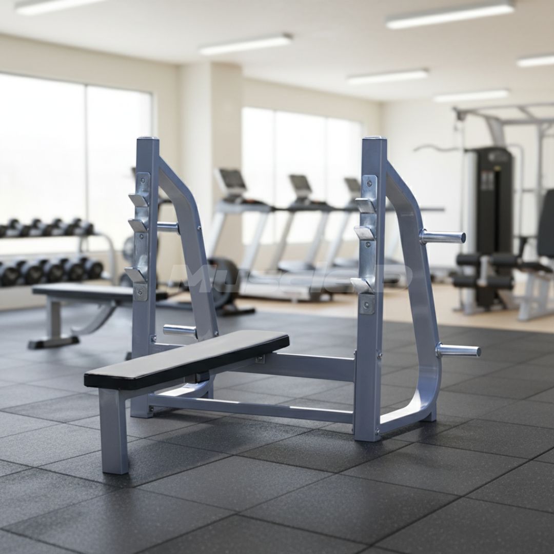 Olympic Flat Bench - Muscle D Fitness - 11 Gauge Steel - Commercial Upholstery - Weight Storage Pegs