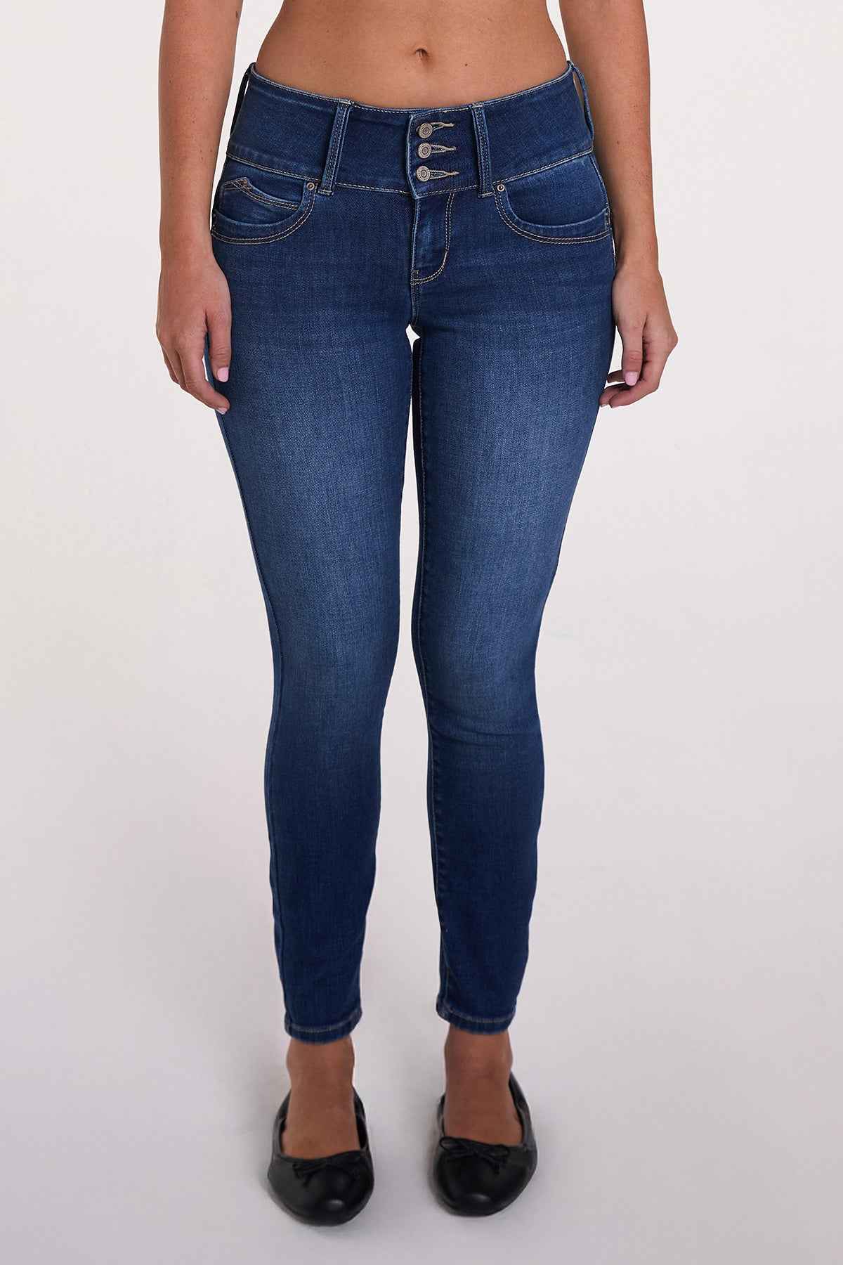 Women's Luxe Mid Rise 3-Button WannaBettaButt Skinny Jeans
