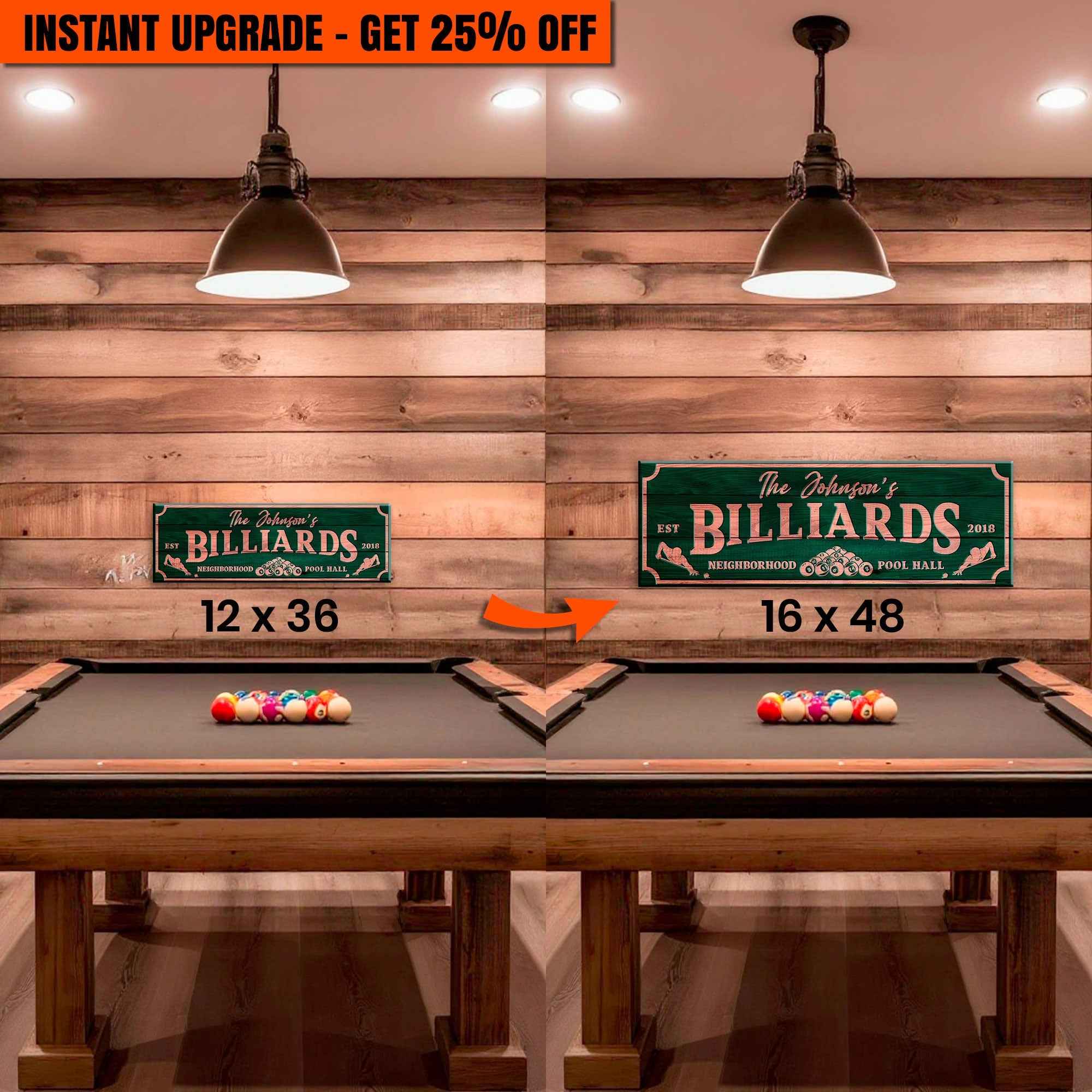 Upgrade Your 12x36 Inches 'Neighborhood Pool Hall Billiards Sign' Canvas To 16x48 Inches