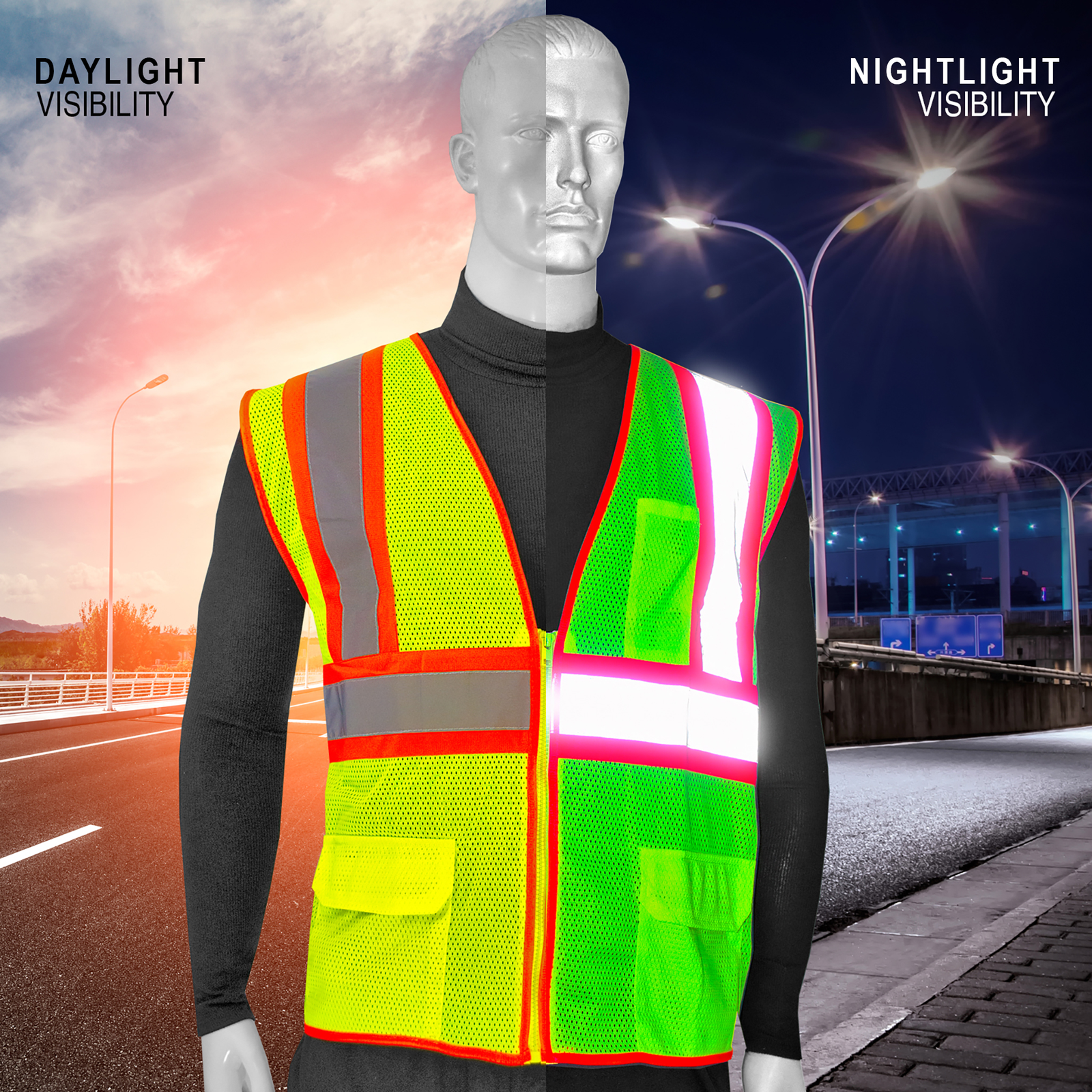 Printed Hi-Vis Two Toned Mesh Safety Vest with 2” Reflective Strips and Pockets - Lime