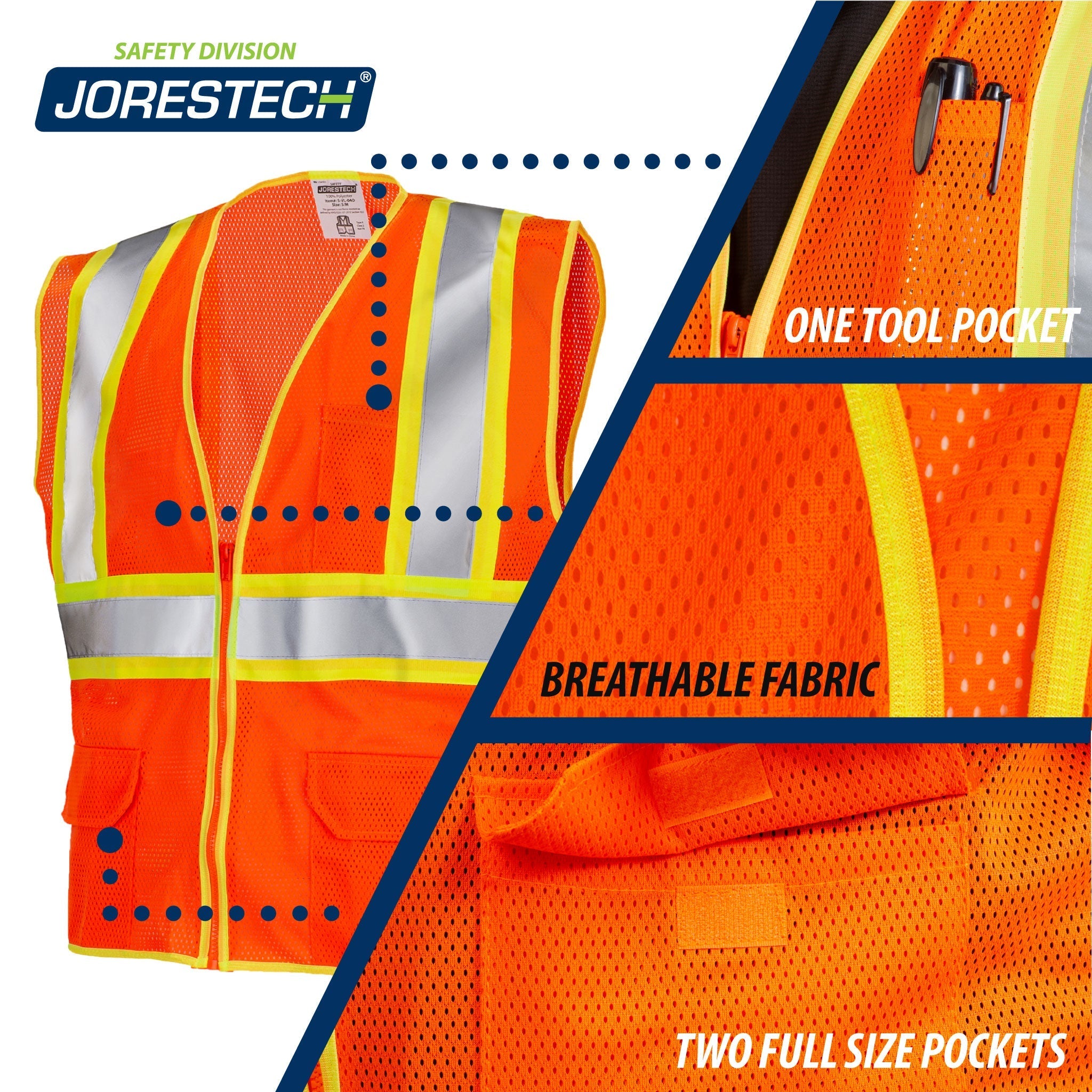 Printed Hi-Vis Two Toned Mesh Safety Vest with 2” Reflective Strips and Pockets - Orange