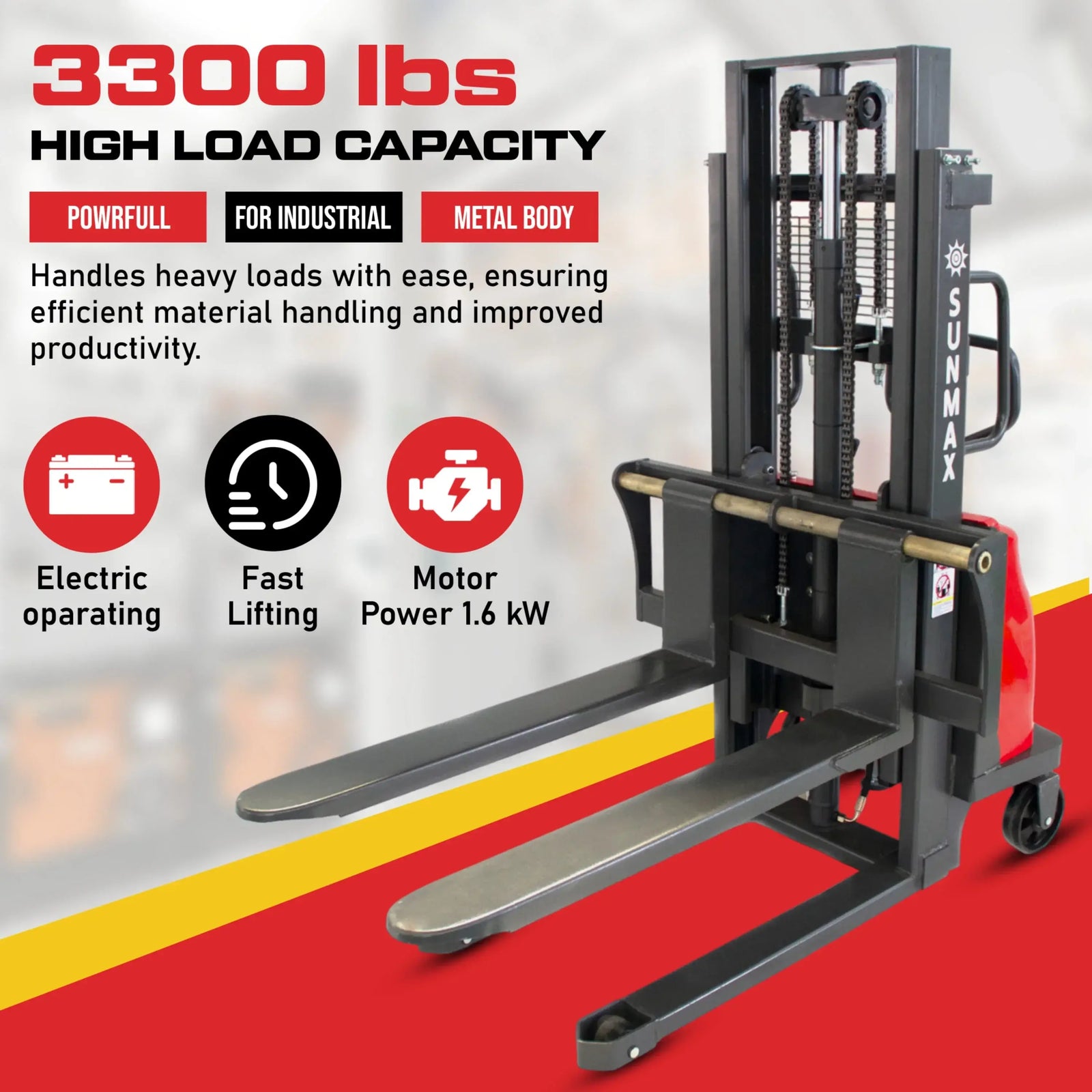 PS3300SE-2M Semi-Electric Pallet Stacker, 3300 lbs Capacity, 78
