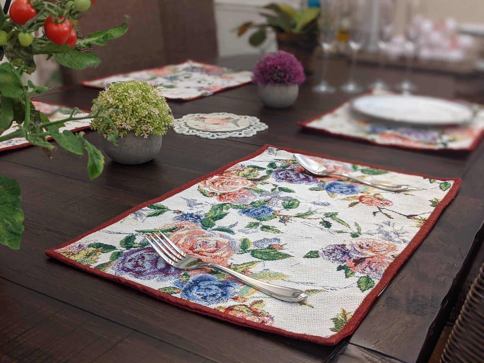 DaDa Bedding Set of 4-Pieces Vintage Romantic Roses Lovely Pink Floral Tapestry Placemats 13” x 19” (879)