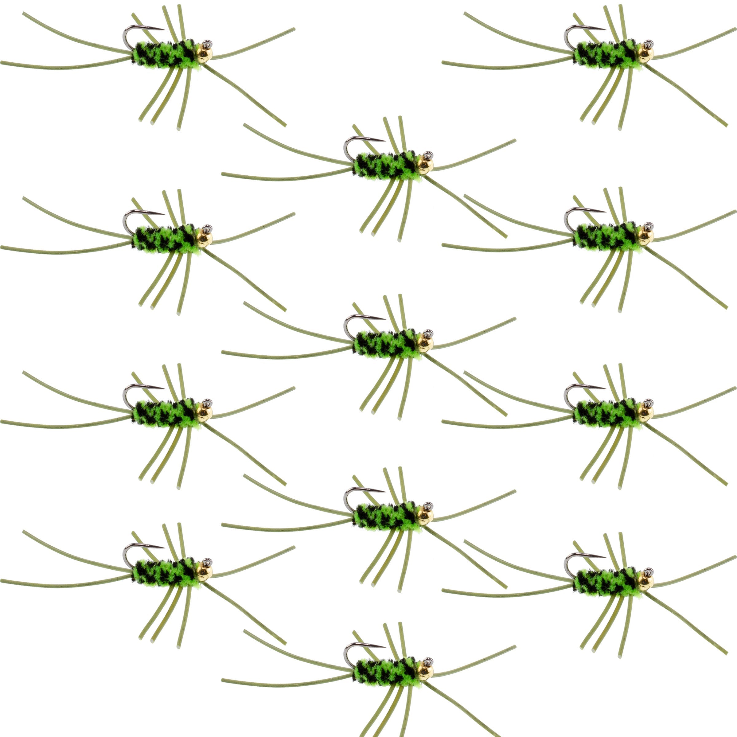 Barbless Pat's Rubber Legs Tungsten Bead Jigged Black/Chartreuse Euro Nymph  - Set of 12 Flies Hook Size 10