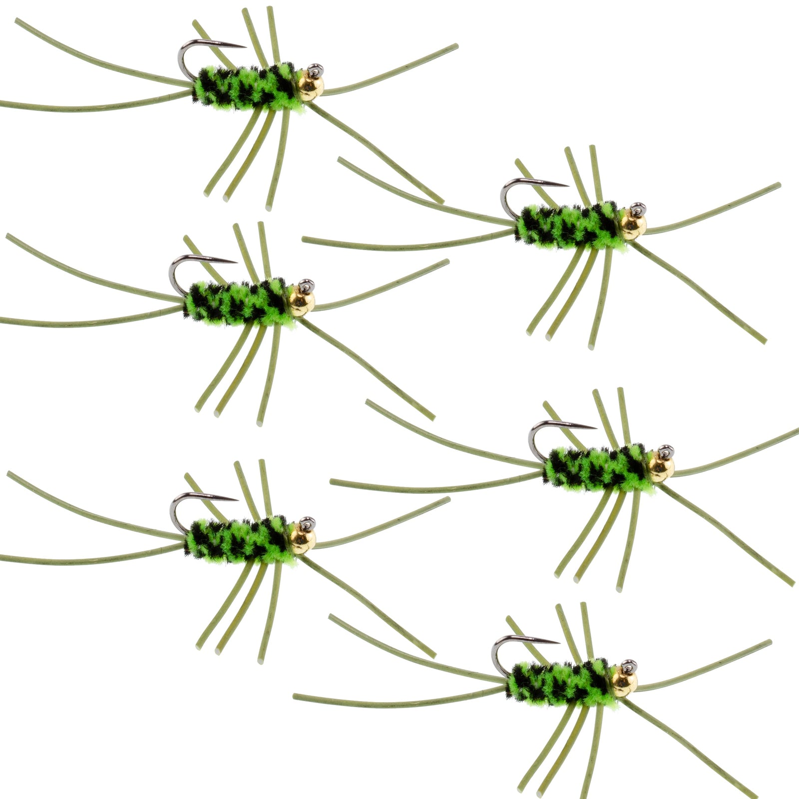 Barbless Pat's Rubber Legs Tungsten Bead Jigged Black/Chartreuse Euro Nymph  - Set of 6 Flies Hook Size 10