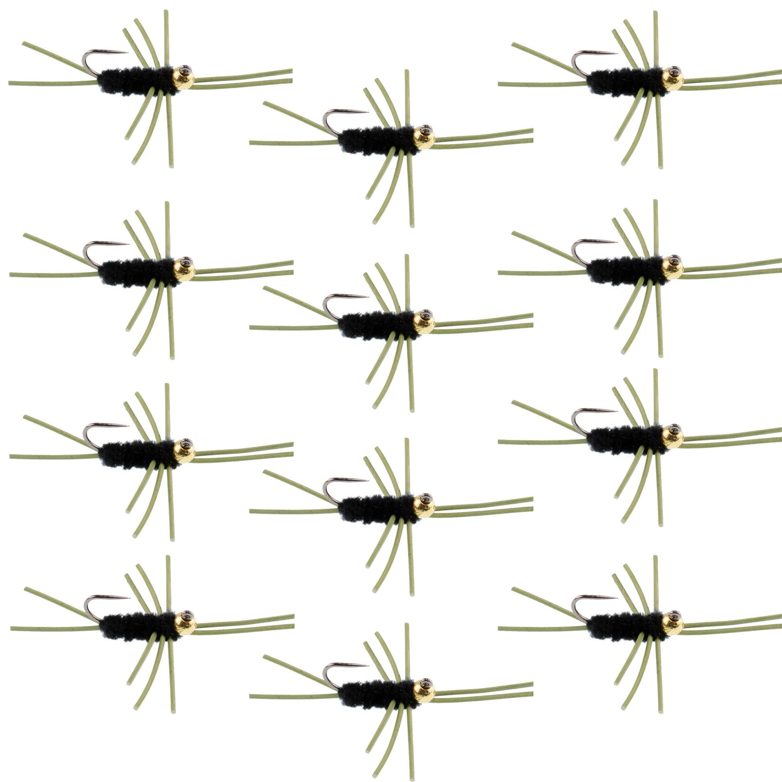 Barbless Pat's Rubber Legs Tungsten Bead Jigged Black Euro Nymph  - Set of 12 Flies Hook Size 10
