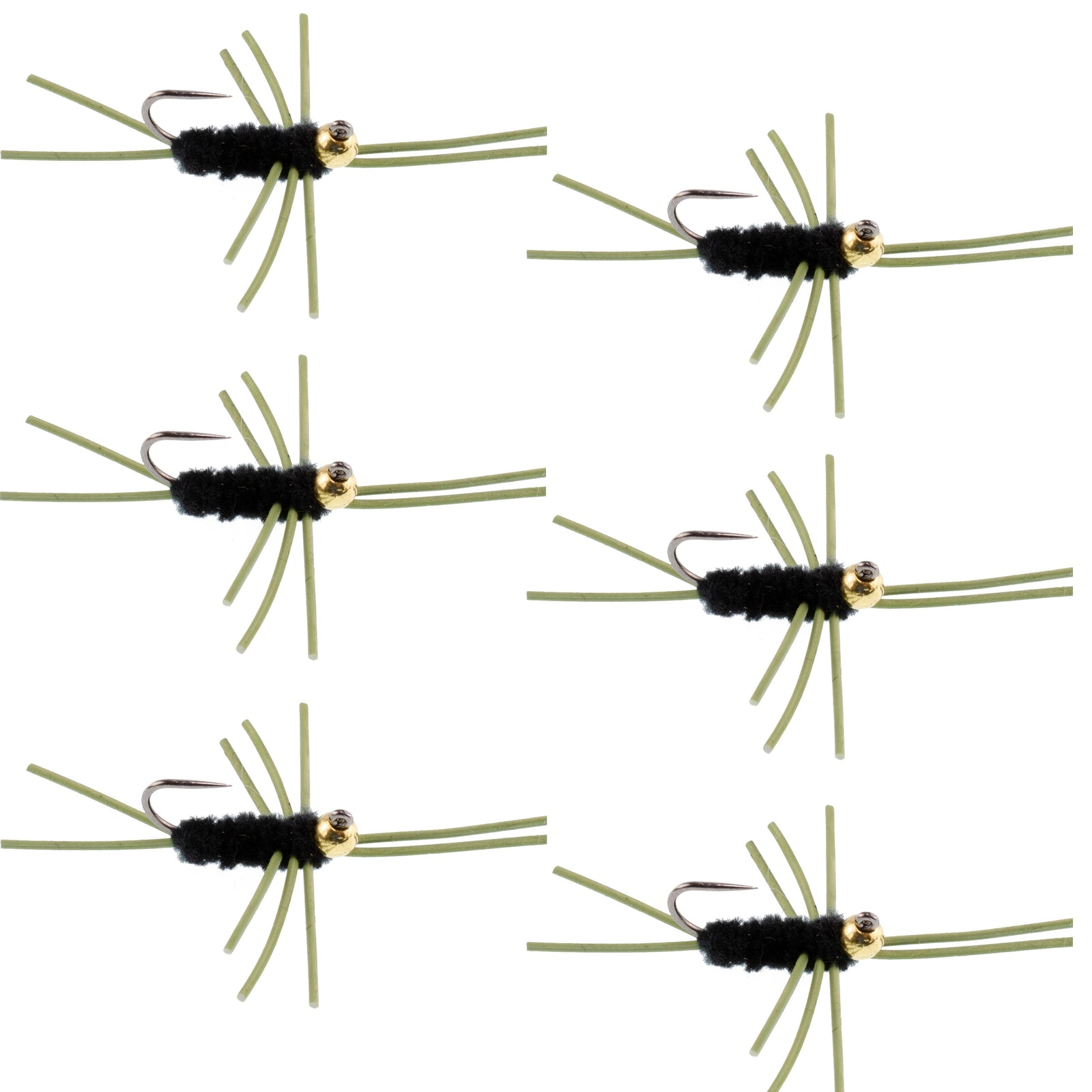 Barbless Pat's Rubber Legs Tungsten Bead Jigged Black Euro Nymph  - Set of 6 Flies Hook Size 10