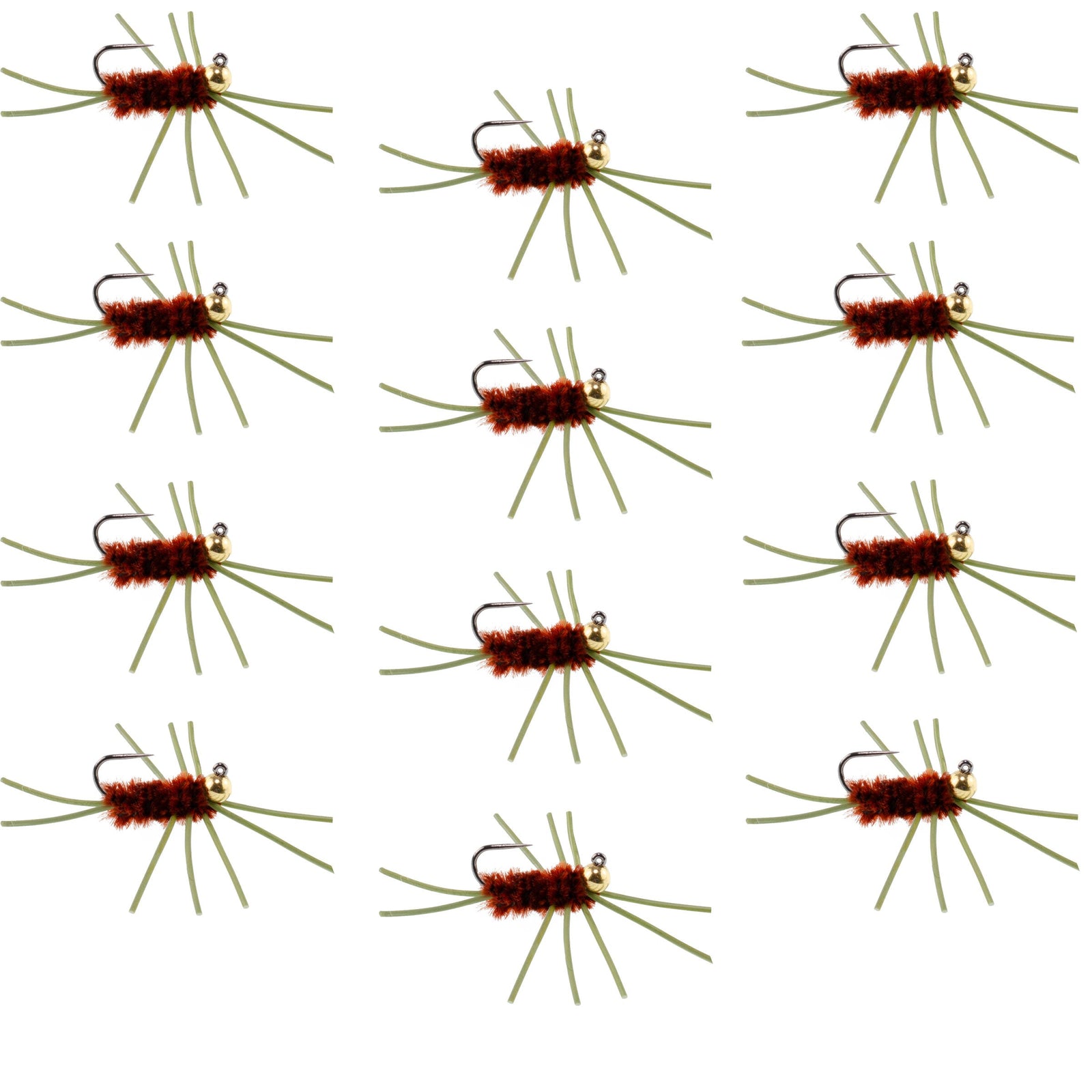 Barbless Pat's Rubber Legs Tungsten Bead Jigged Brown Euro Nymph  - Set of 12 Flies Hook Size 10