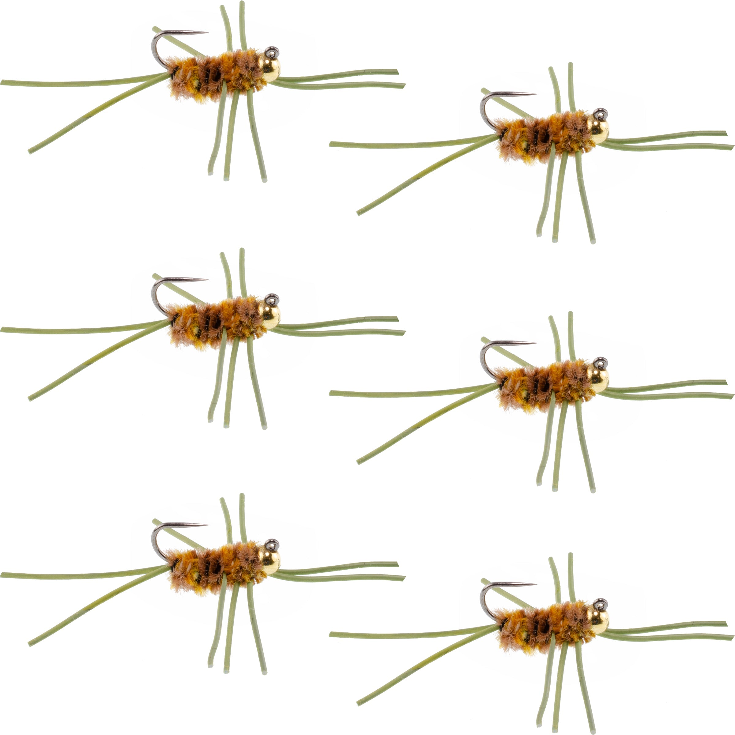 Barbless Pat's Rubber Legs Tungsten Bead Jigged Coffee/Tan Euro Nymph  - Set of 6 Flies Hook Size 10