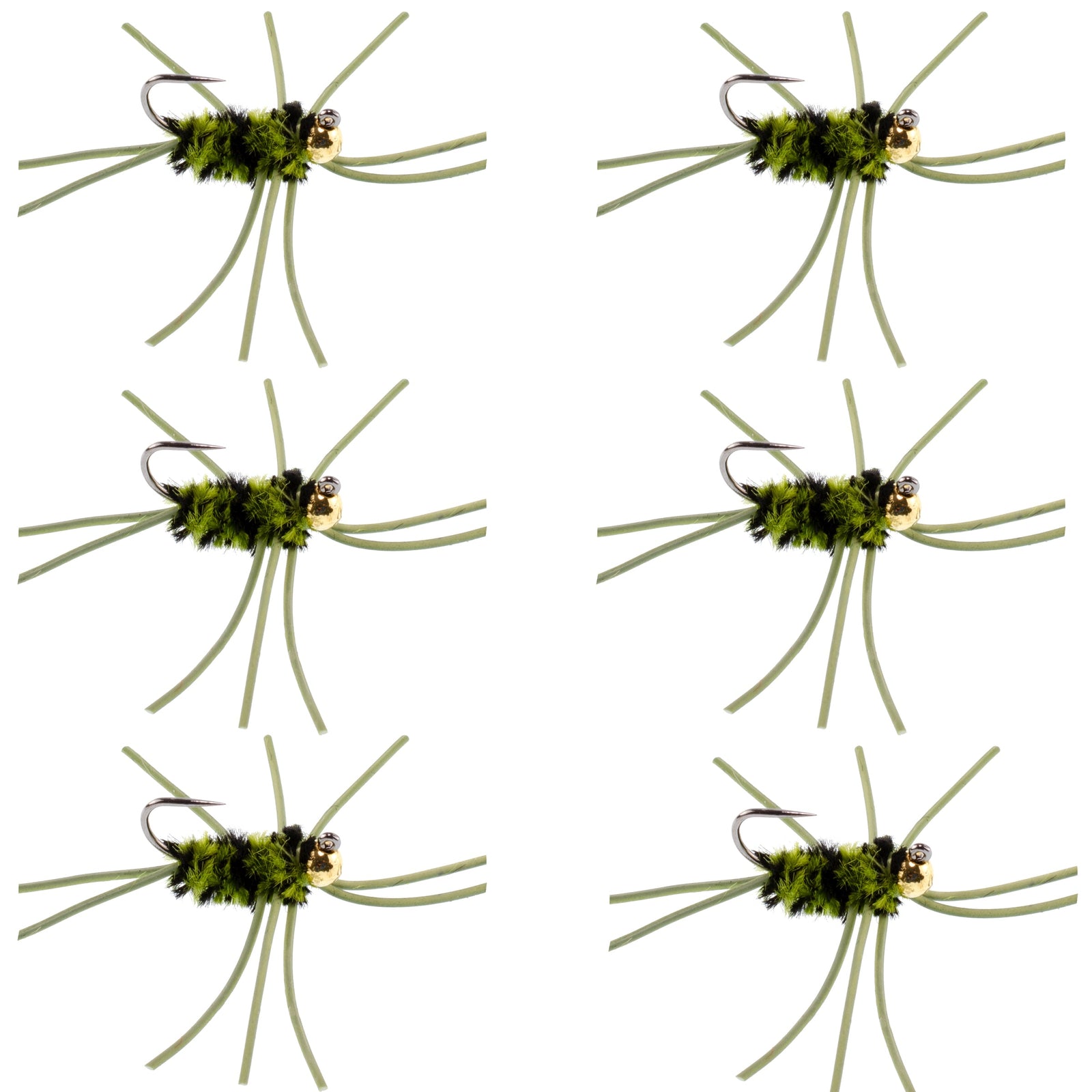 Barbless Pat's Rubber Legs Tungsten Bead Jigged  Olive/Black Euro Nymph  - Set of 6 Flies Hook Size 10
