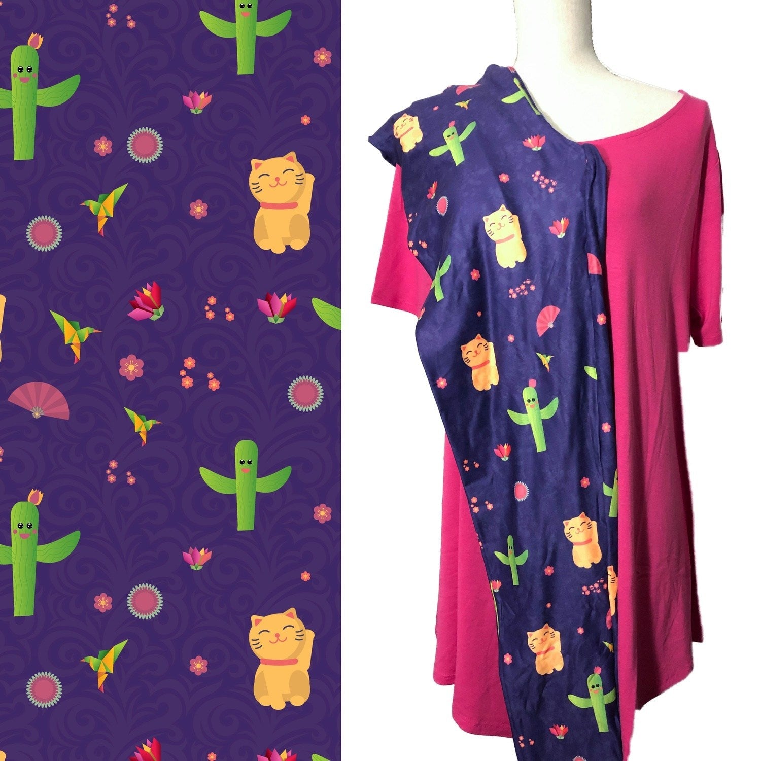 Maneki Neko Leggings Lucky Cat with Happy Cactus with Flowers