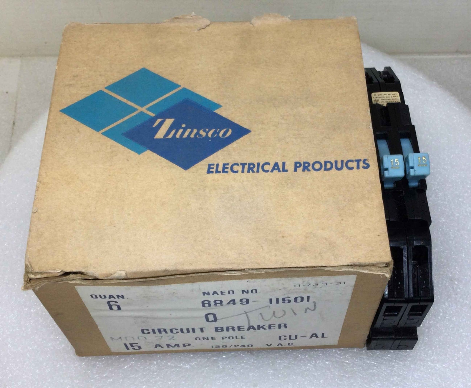 Zinsco/GTE Sylvania/T&B RC38-15 15/15 Amp 2 Pole Tandem 240V Circuit Breaker