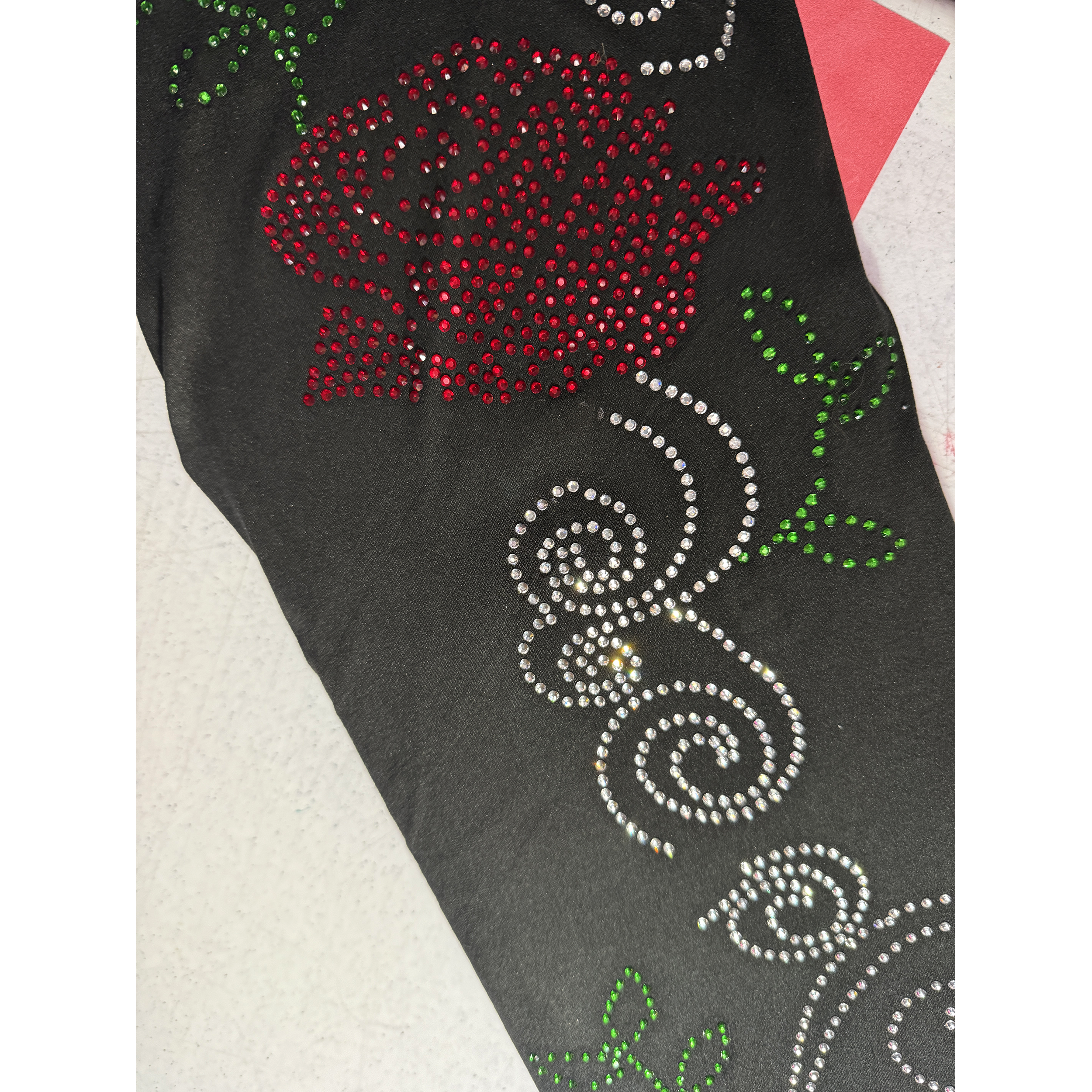 Red Rose Rhinestone Vine Leggings with Side Pockets