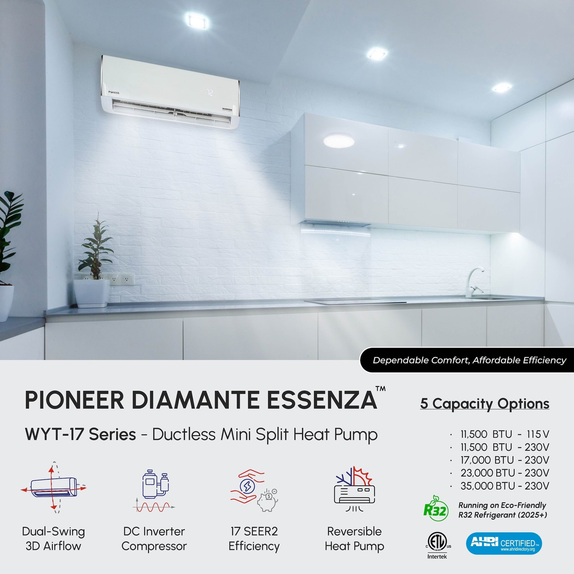 Pioneer® Diamante Essenza™ 12,000 BTU 17 SEER2 115V High-Wall Ductless Mini-Split Air Conditioner Inverter Heat Pump with 16 Ft. Kit
