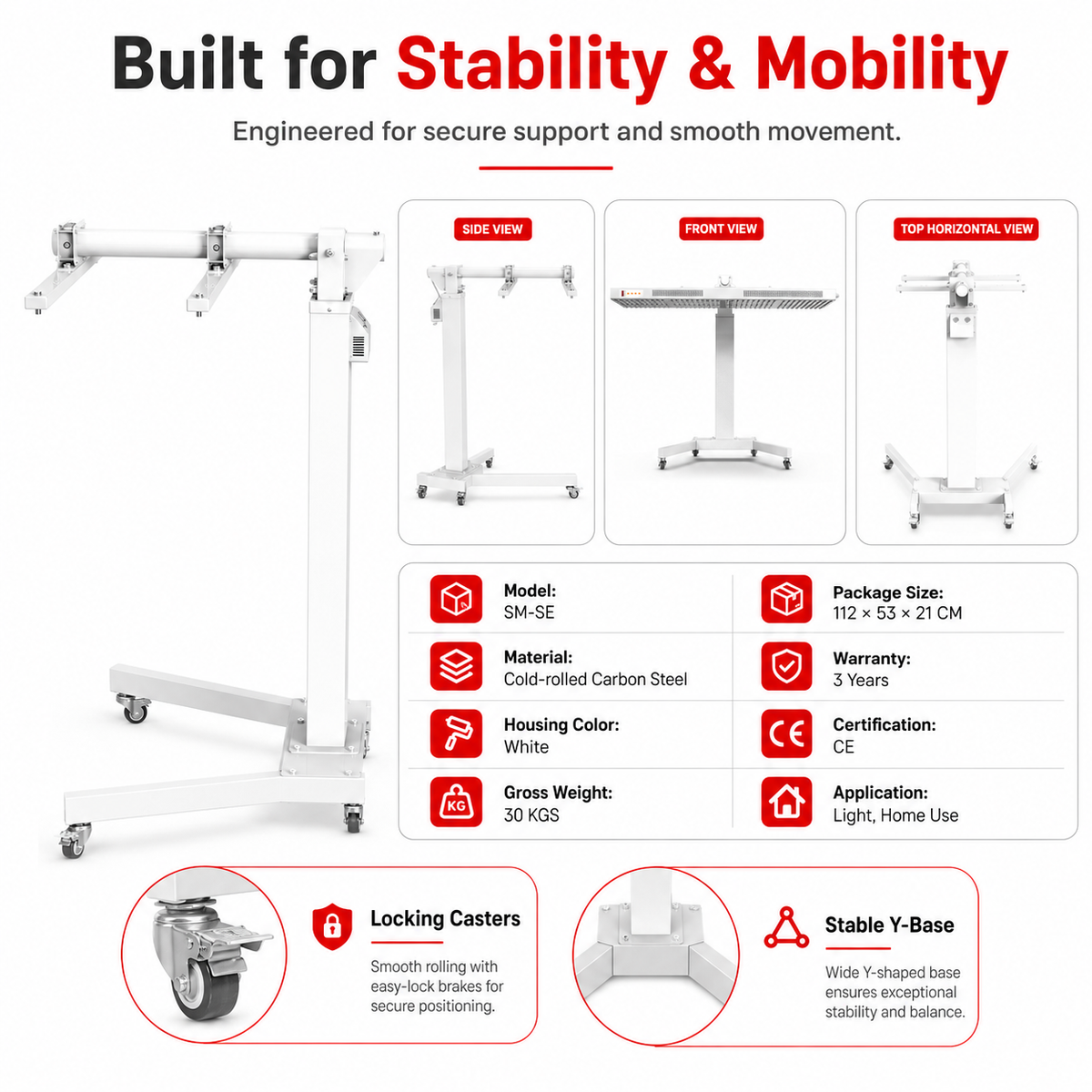 Red Light Therapy Rolling Stand for 1500w, 2160w, 2400w