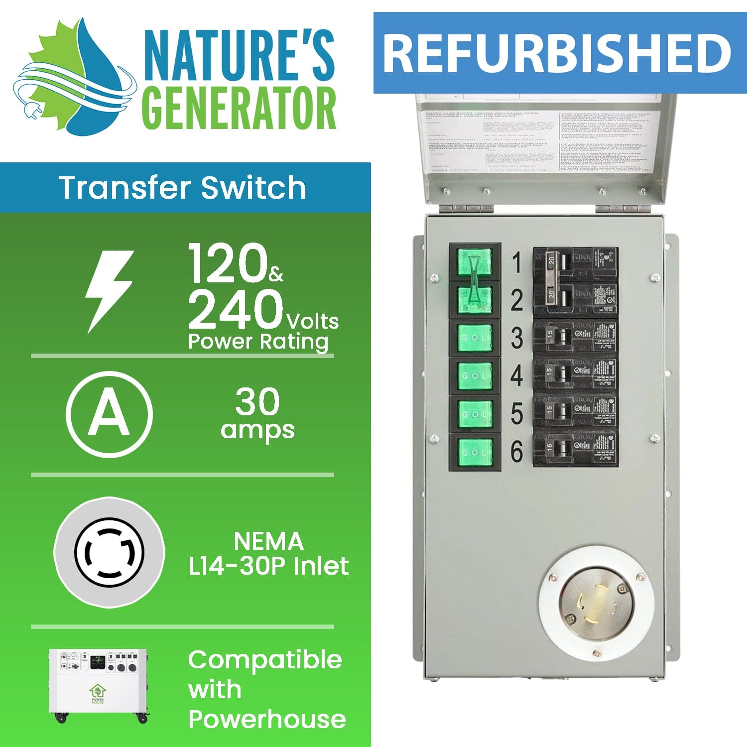 Refurbished - Nature's Generator 120V/240V 30A 6-Circuit Manual Transfer Switch