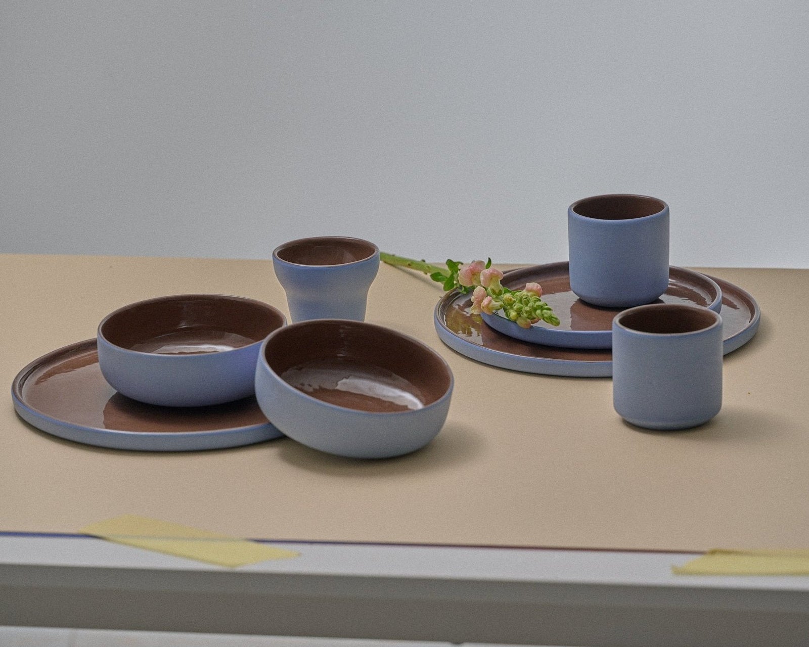 Handmade Porcelain Dinner Plates. Forget-me-not/Chocolate