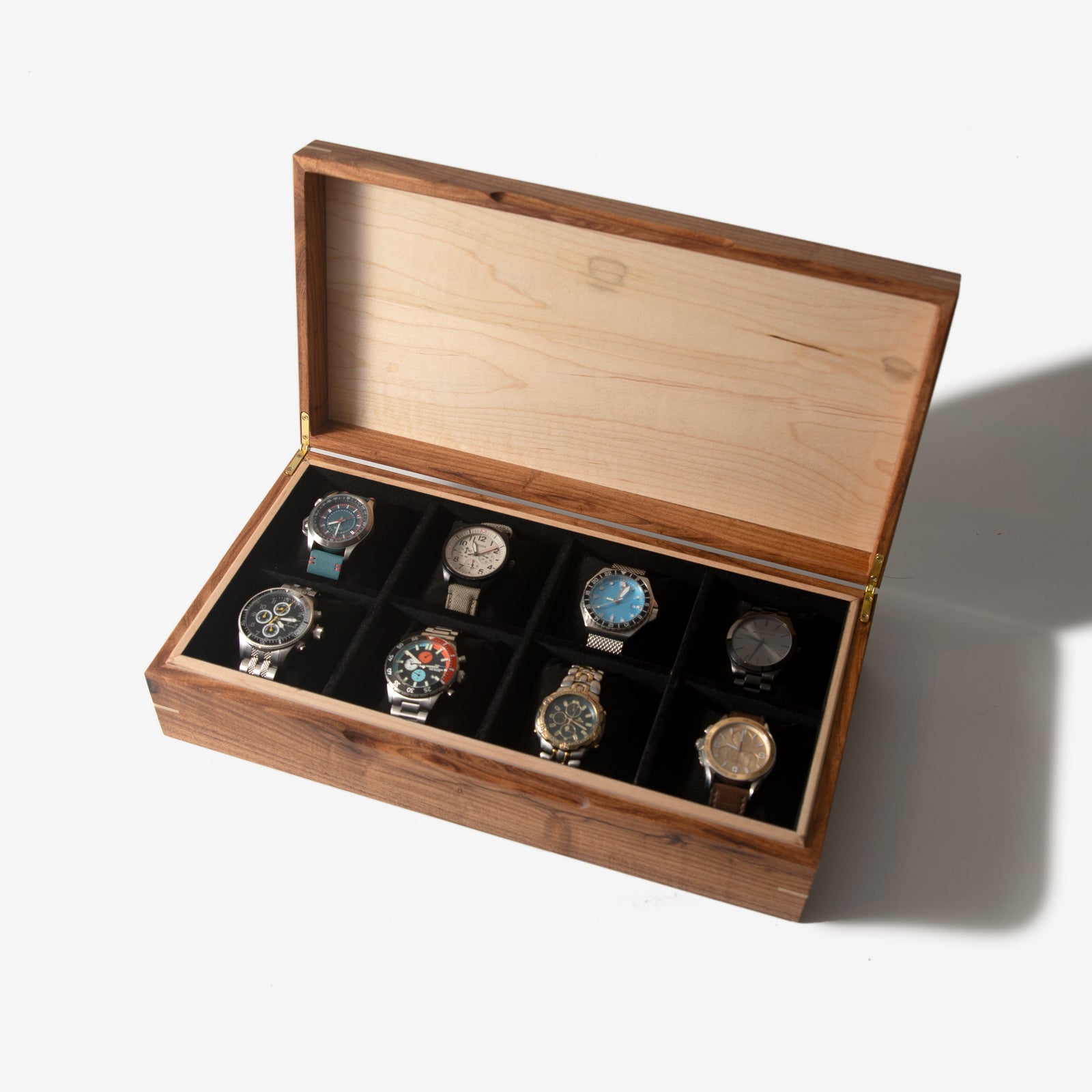 Watch Box - Desert Mesquite and Curly Maple - 8 Watch Compartments