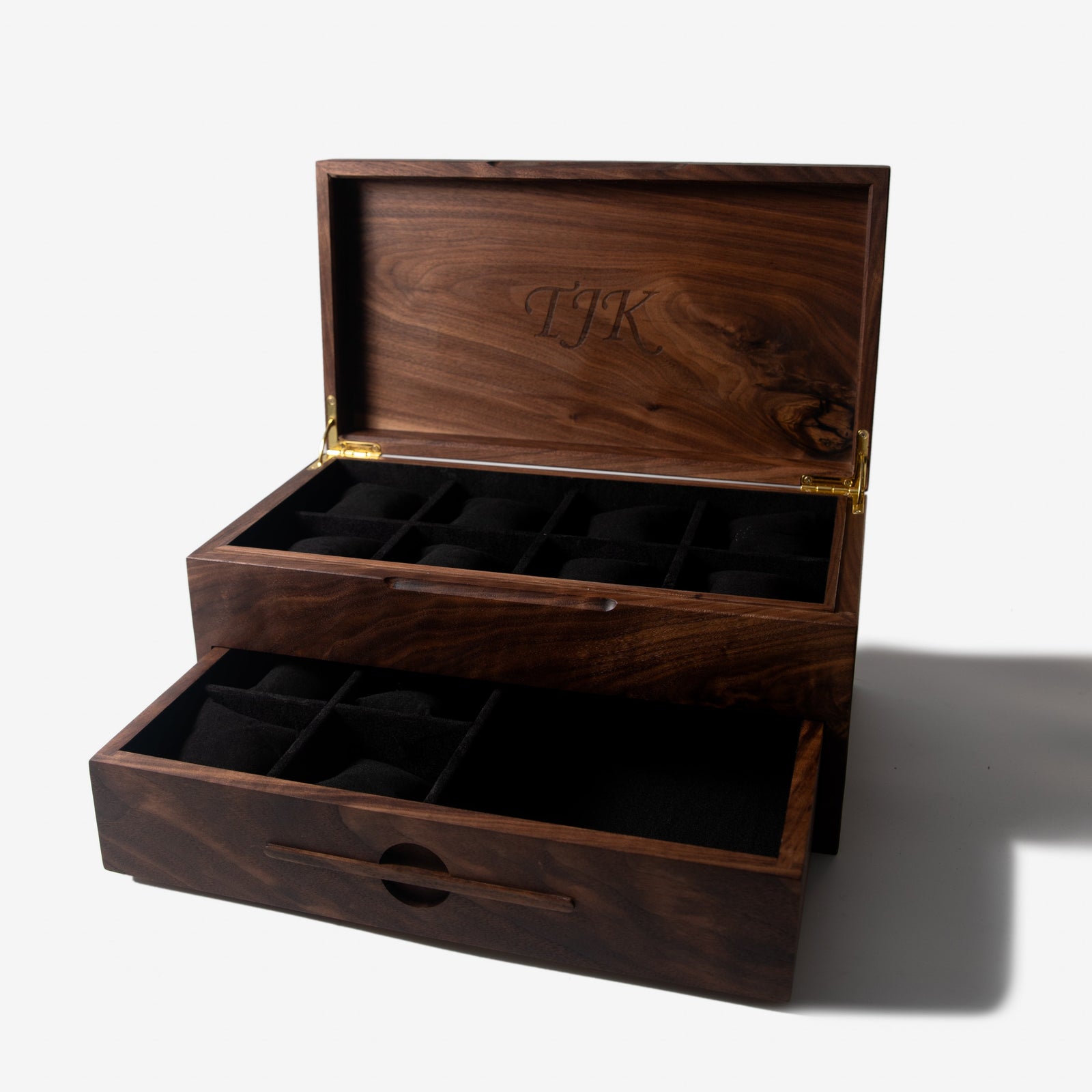 Watch Box with Drawer - Solid Black Walnut - 12 to 16 Watch Compartments