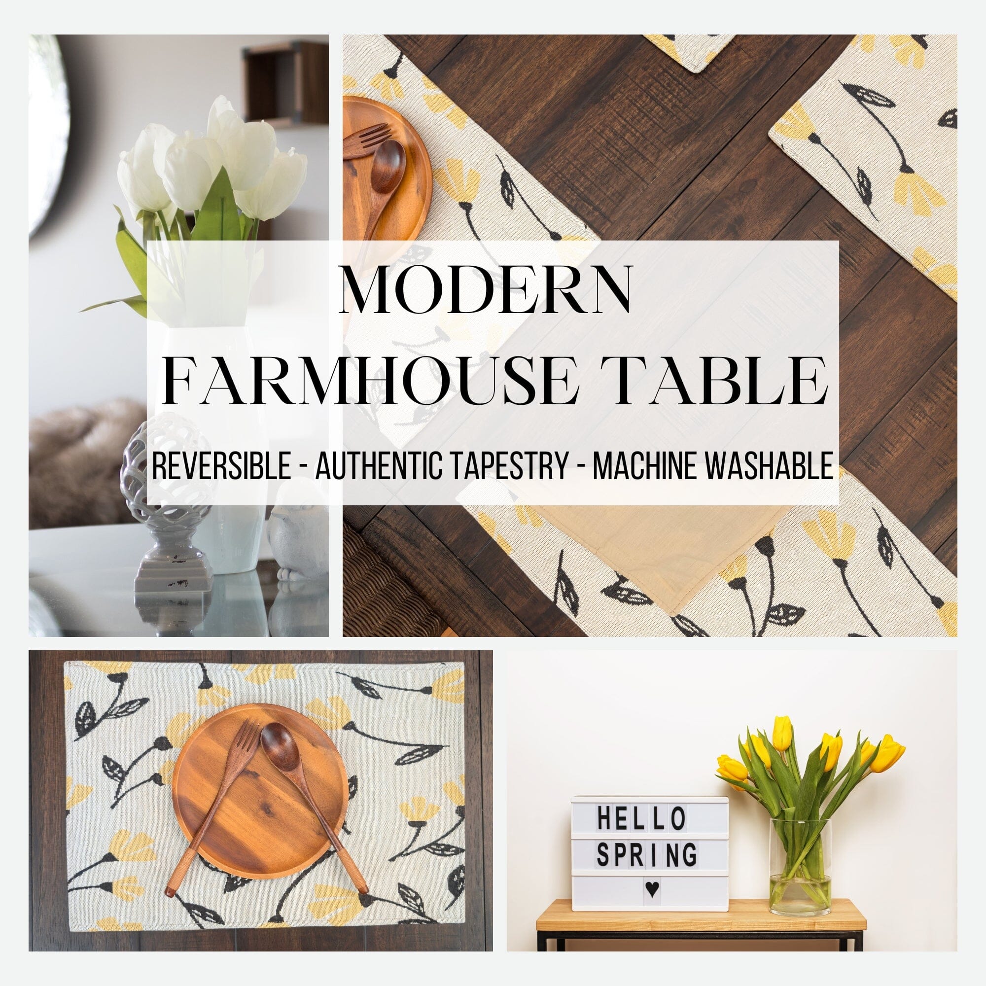 DaDa Bedding Set of 4-Pieces Sunshine Yellow Fleur Spring Tapestry Dining Table Placemats 13” x 19” (18112)