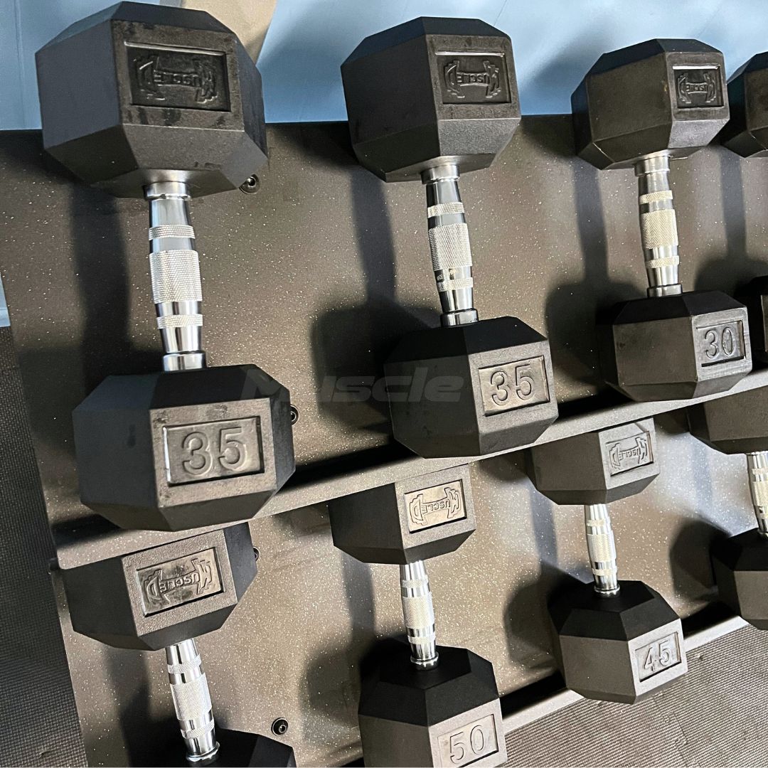 Rubber Hex Dumbbell Set - Muscle D FItness - Steel Handle - Quality knurling - Weightlfting