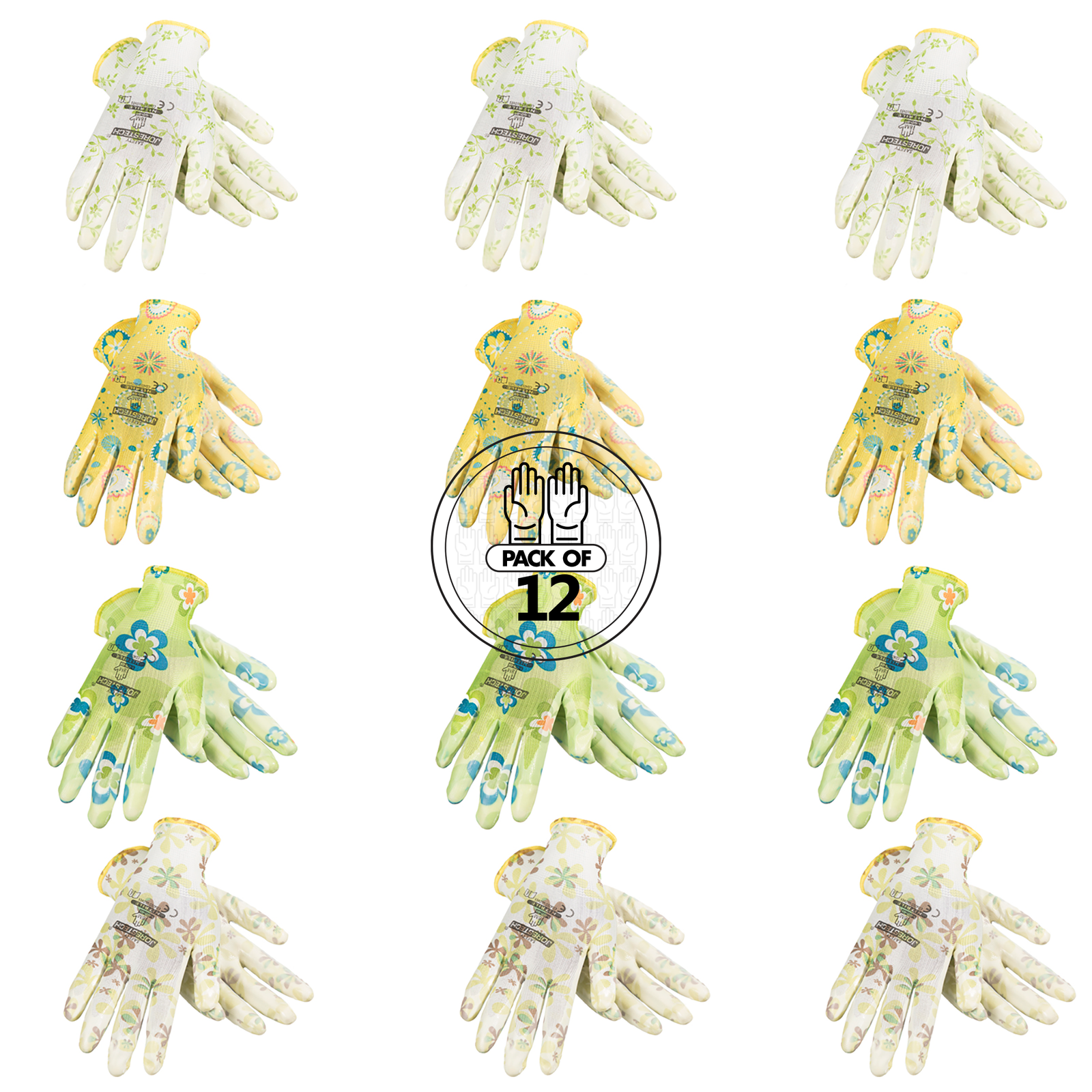 Safety Gardening Gloves with Nitrile Dipped Palms – Pack of 12
