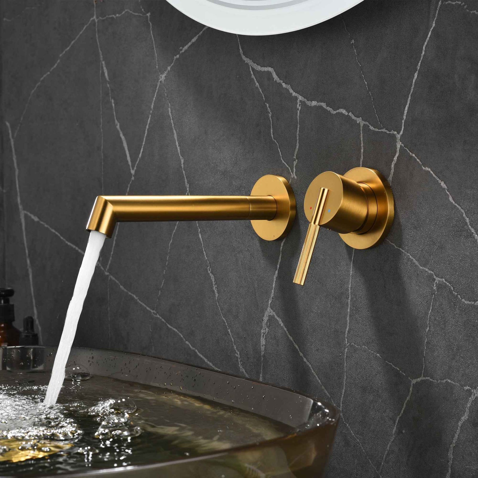 Brushed Gold Wall Mount Waterfall Bathroom Sink Faucet with  Brass Pop-Up Drain