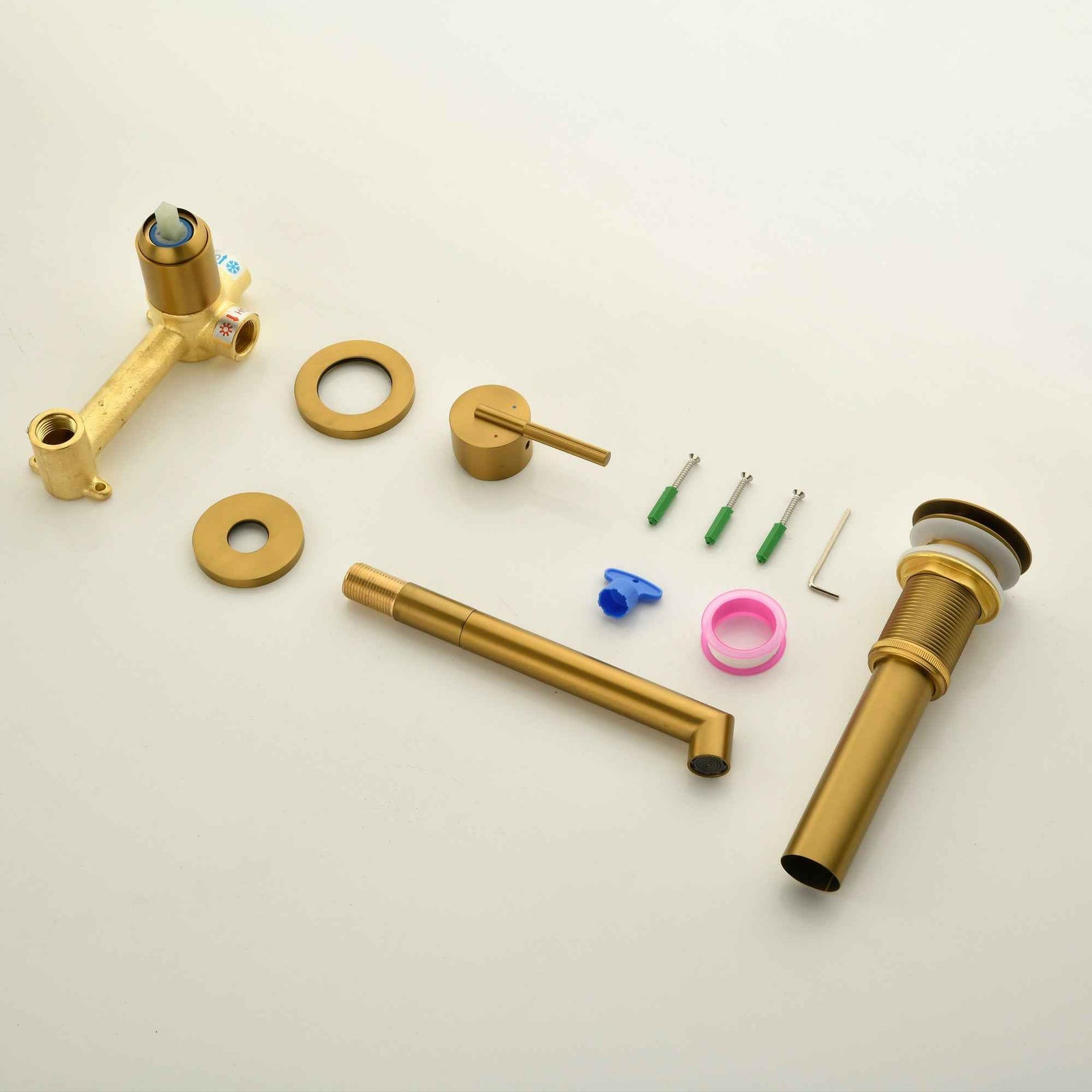 Brushed Gold Wall Mount Waterfall Bathroom Sink Faucet with  Brass Pop-Up Drain
