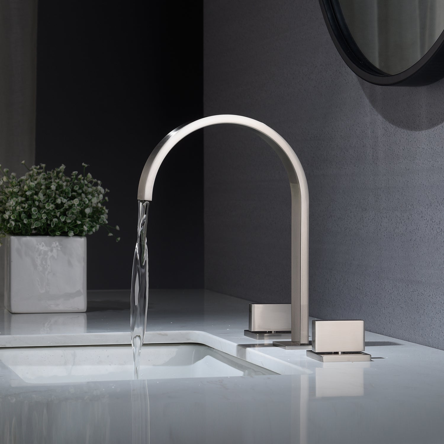 Brushed Nickel Waterfall Widespread Bathroom Basin Faucet with Two Handles and Overflow Brass Pop-Up Drain