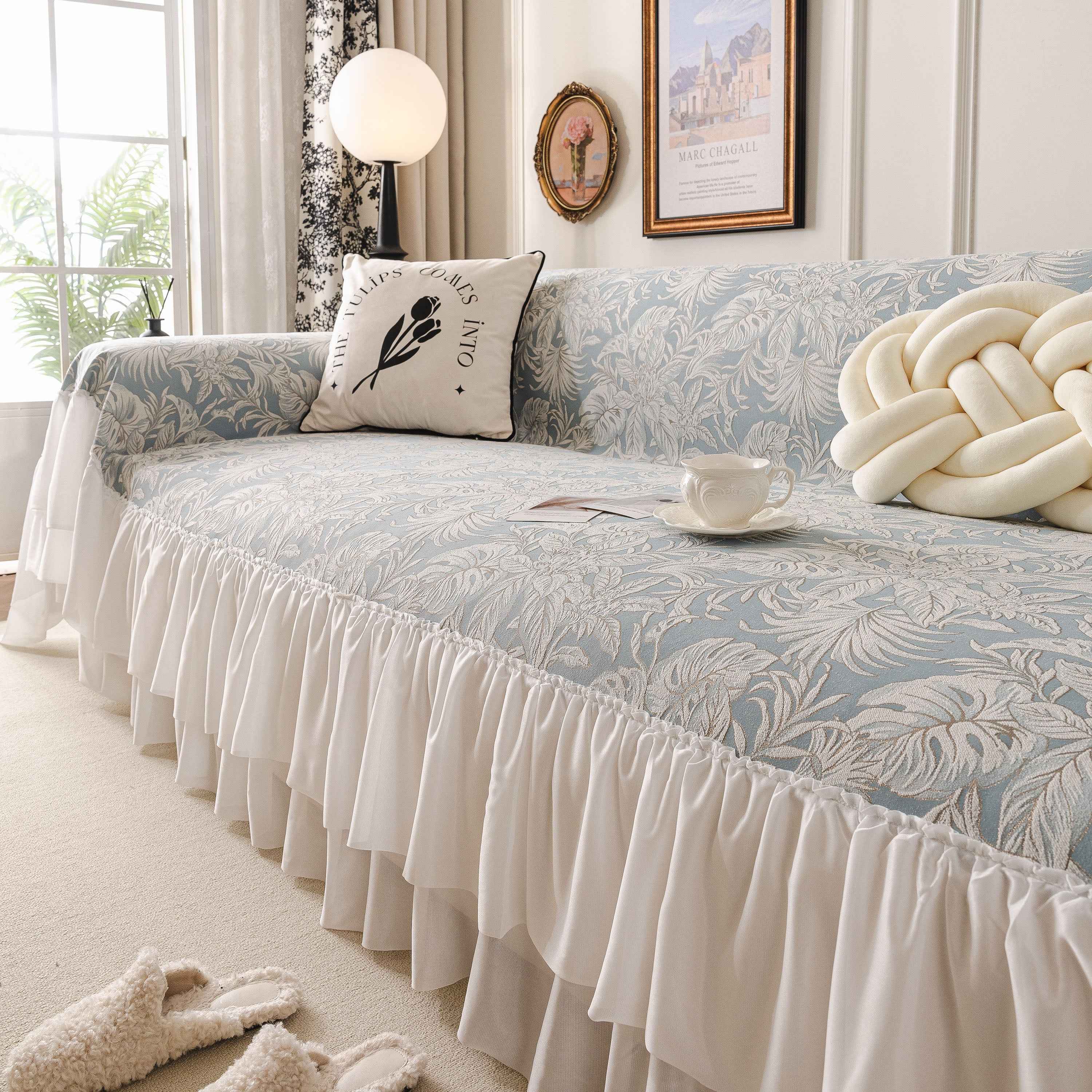French Chic Style Ruffle Floral Cover Throws for Sofas, Decorative Couch Covers