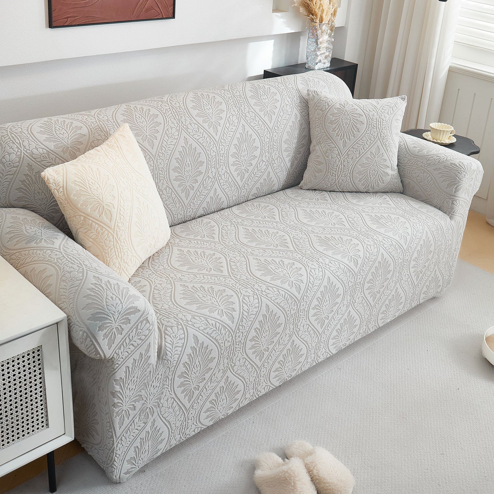 3D Baroque Floral Stretch Sofa Cover Elastic Polar Fleece Couch Slipcover with Straps